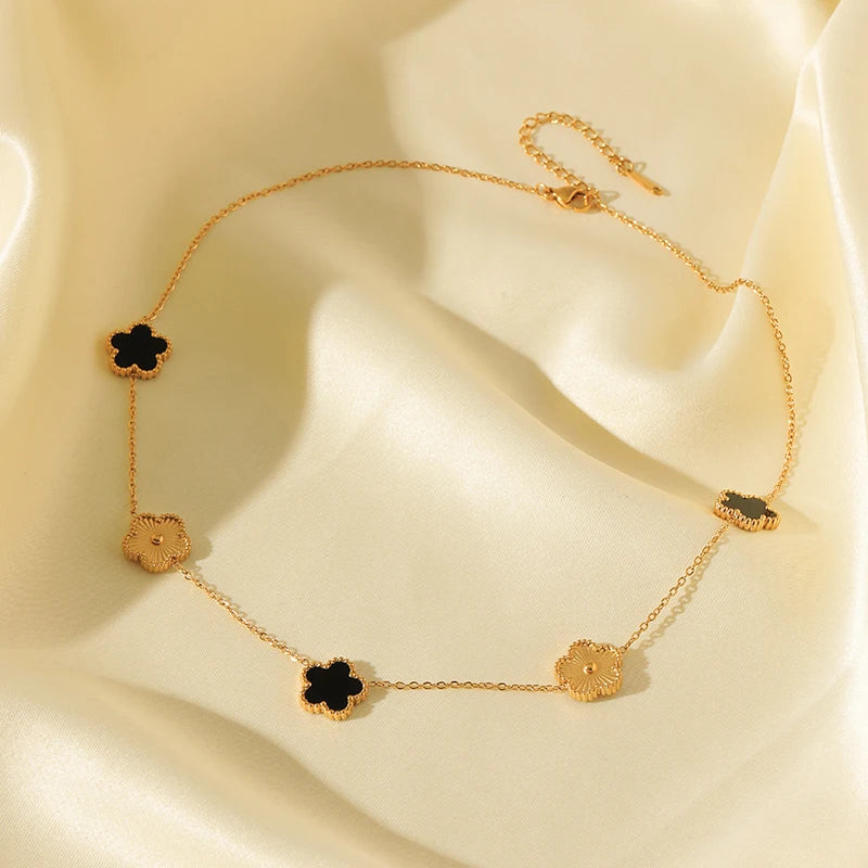 316L Stainless Steel Black Reversible Leaf Clover Necklace Bracelets Earrings Set for Women Fashion Waterproof Jewelry