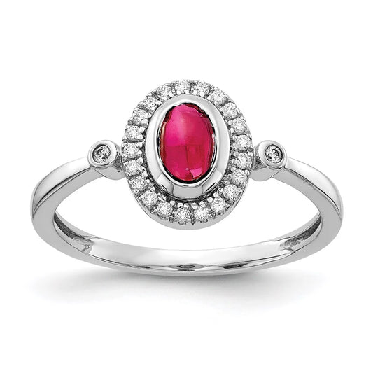 Real 14Kt White Gold Diamond and Oval Cabochon Ruby Halo Ring Size: 7; for Adults and Teens; for Women and Men