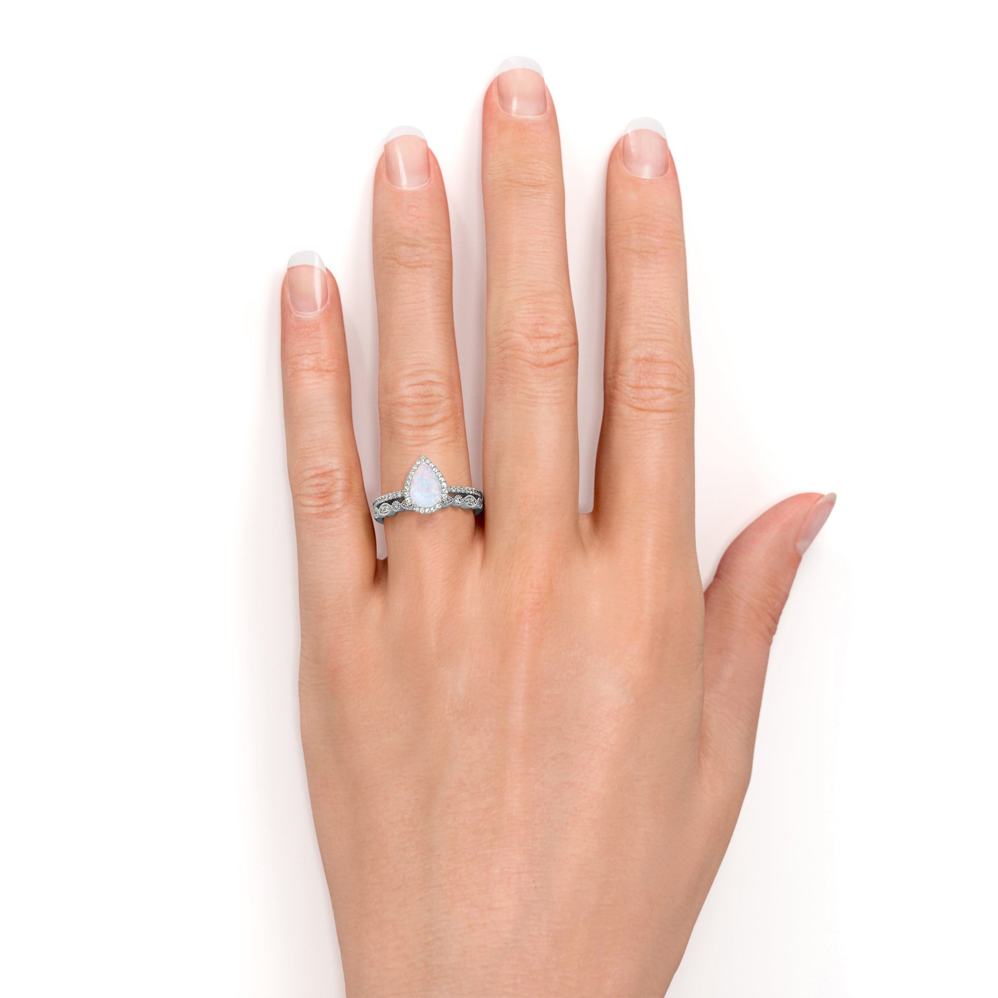 1.5 Ct Vintage Teardrop Blue Opal and Moissanite Wedding Ring Set in 18K White Gold over Silver