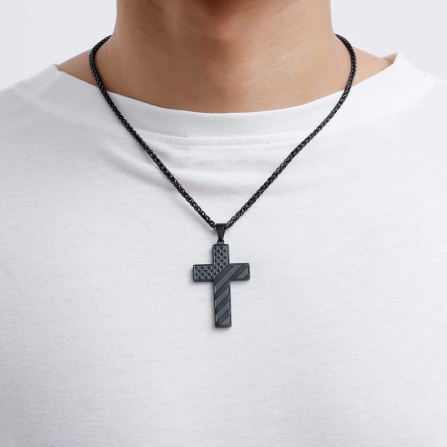 Black Cross Necklaces for Men Boys American Flag Pendant Chain Catholic Christian Religious Graduation 4Th of July Birthday Jewelry Gifts Ideas Dad Husband Tween Son Boyfriend Teen Kids Age