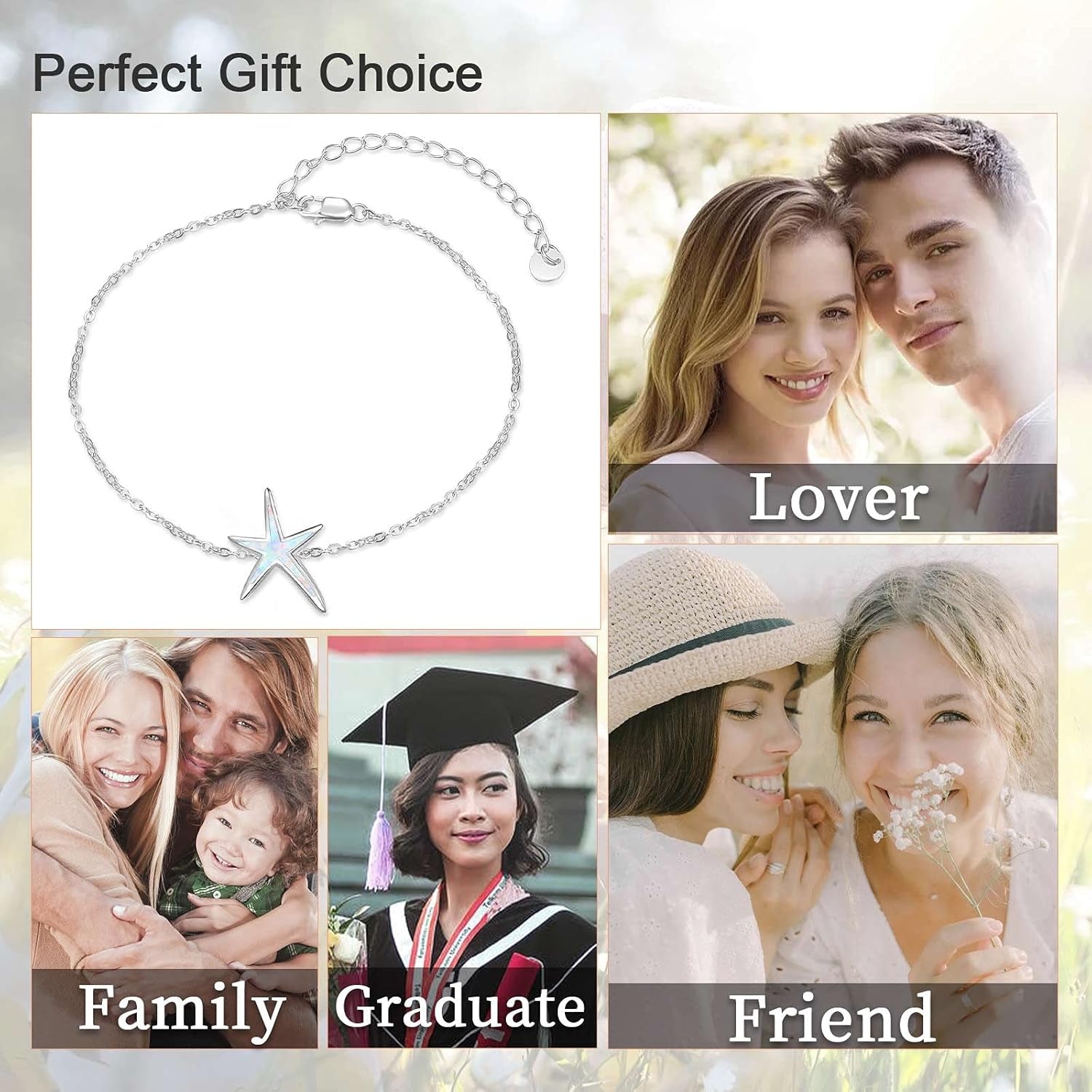 Starfish Bracelet 925 Sterling Silver with White Fire Opal Chain Bracelets Ocean Jewelry Birthday for Women