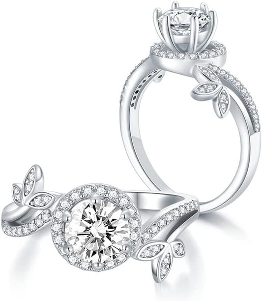 1.38 Carat Halo Moissanite Engagement Rings for Women Platinum Plated Silver Rings Moissanite Rings