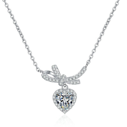Bow Moissanite Pendant Necklace for Women 1Ct Heart Cut D Color VVS1 Sterling Silver Diamond Necklace Moissanite Necklace with Certificate
