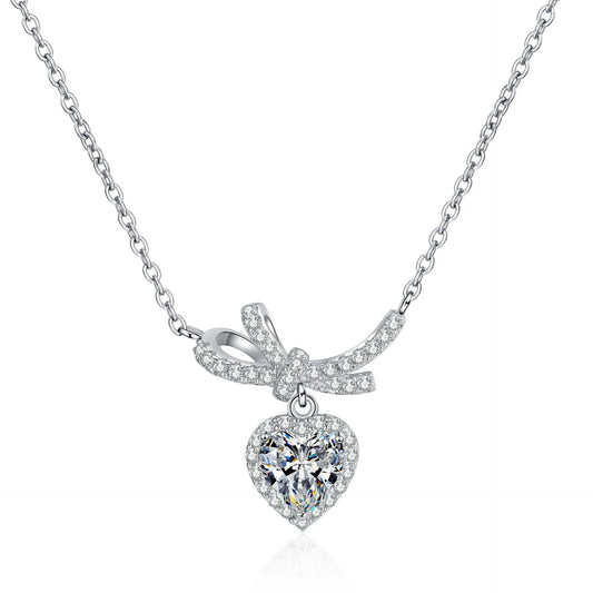 Bow Moissanite Pendant Necklace for Women 1Ct Heart Cut D Color VVS1 Sterling Silver Diamond Necklace Moissanite Necklace with Certificate