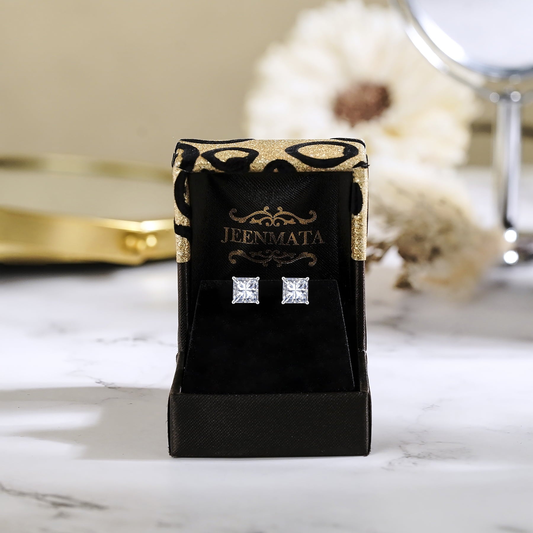2 Carat Princess Cut Moissanite 4 Prong Solitaire Stud Earrings in 18K White Gold Plating for Women