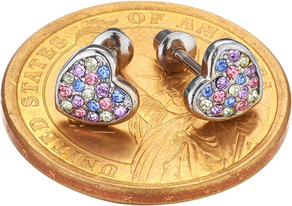 Girls Screwback Pink Earrings, Heart Cubic Zirconia, Pink Screw Back Earrings for Girls with Stainless Steel Post (Multicolor)