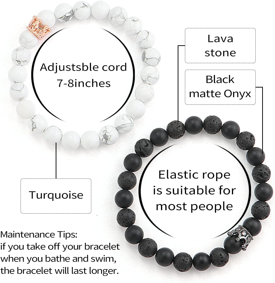 8Mm Natural Stone CZ Micro Pave Crown King Queen Beads His and Hers Couple Bracelet, 7.5" (Black&White-2)