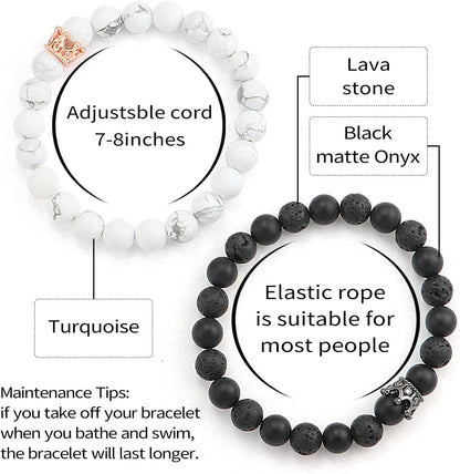 8Mm Natural Stone CZ Micro Pave Crown King Queen Beads His and Hers Couple Bracelet, 7.5" (Black&White-2)