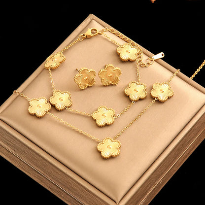 316L Stainless Steel Black Reversible Leaf Clover Necklace Bracelets Earrings Set for Women Fashion Waterproof Jewelry