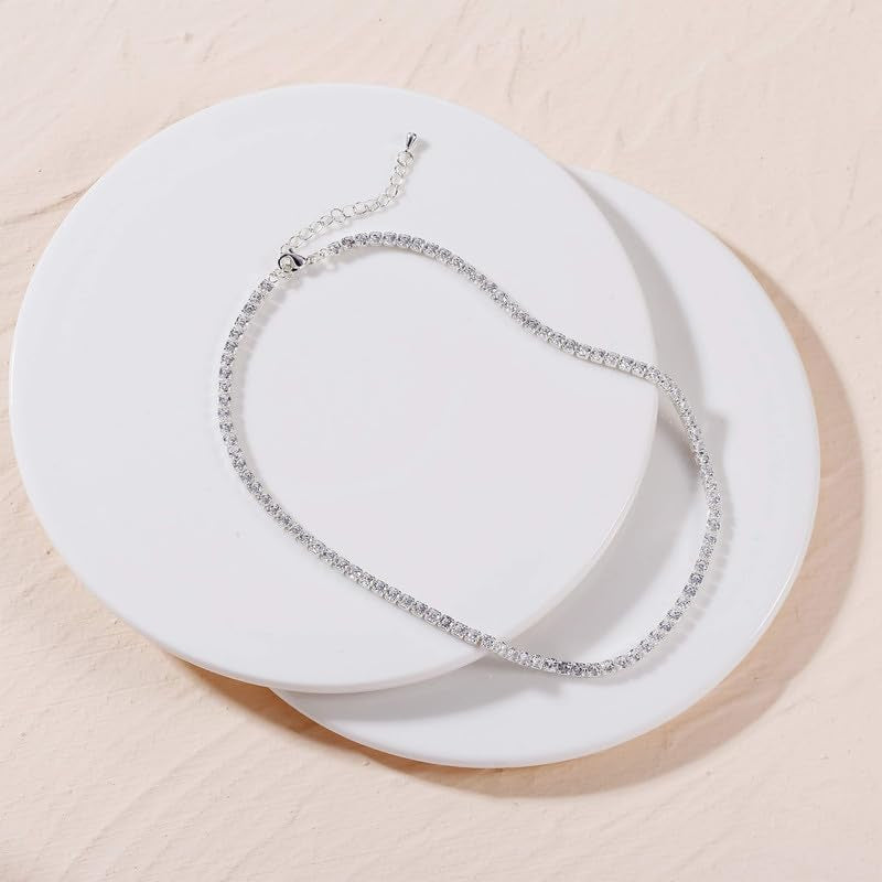 Tennis Necklace 14K Gold Plated/Silver Sparking Rhinestone Choker Necklaces Dainty Crystal Cubic Zirconia Bridal Wedding Jewelry for Women