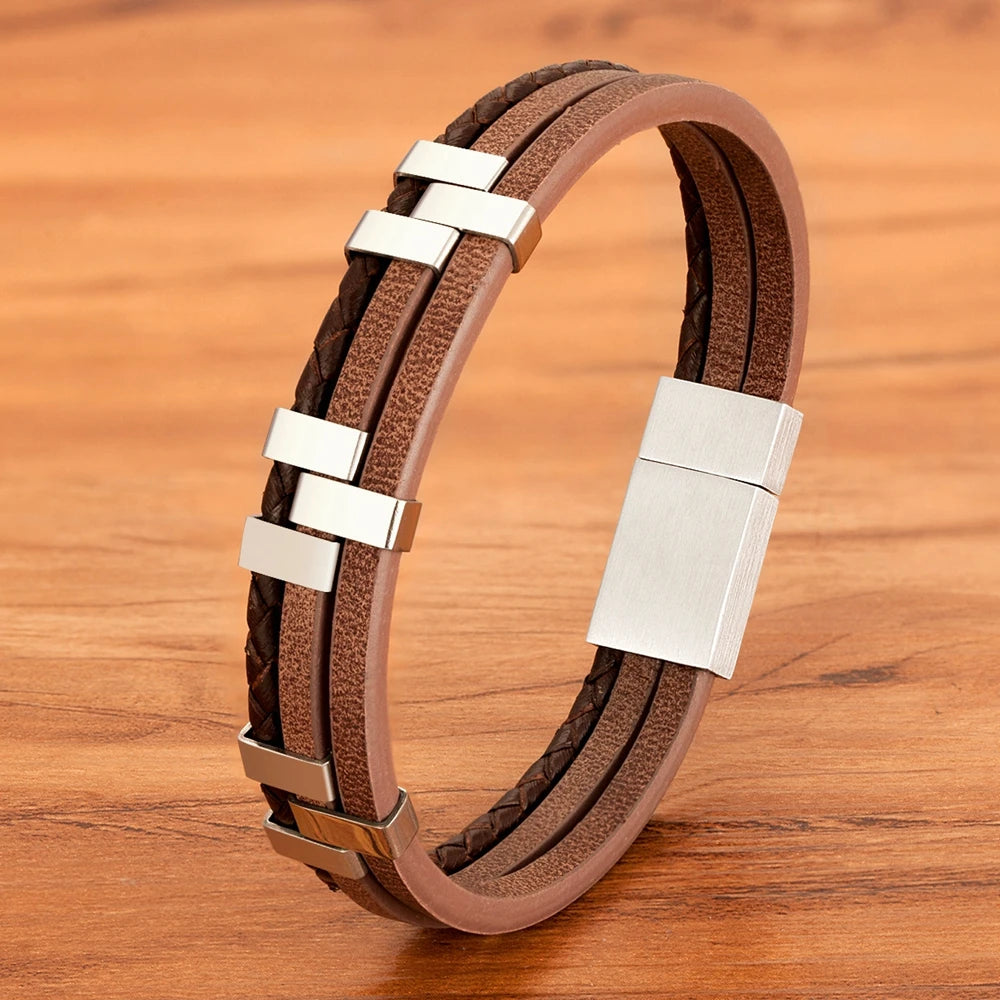 Braided Rope Wrap Leather Bracelets for Men Bangles Fashion Male Women Charm Stainless Steel Clasp Jewelry DIY Customization
