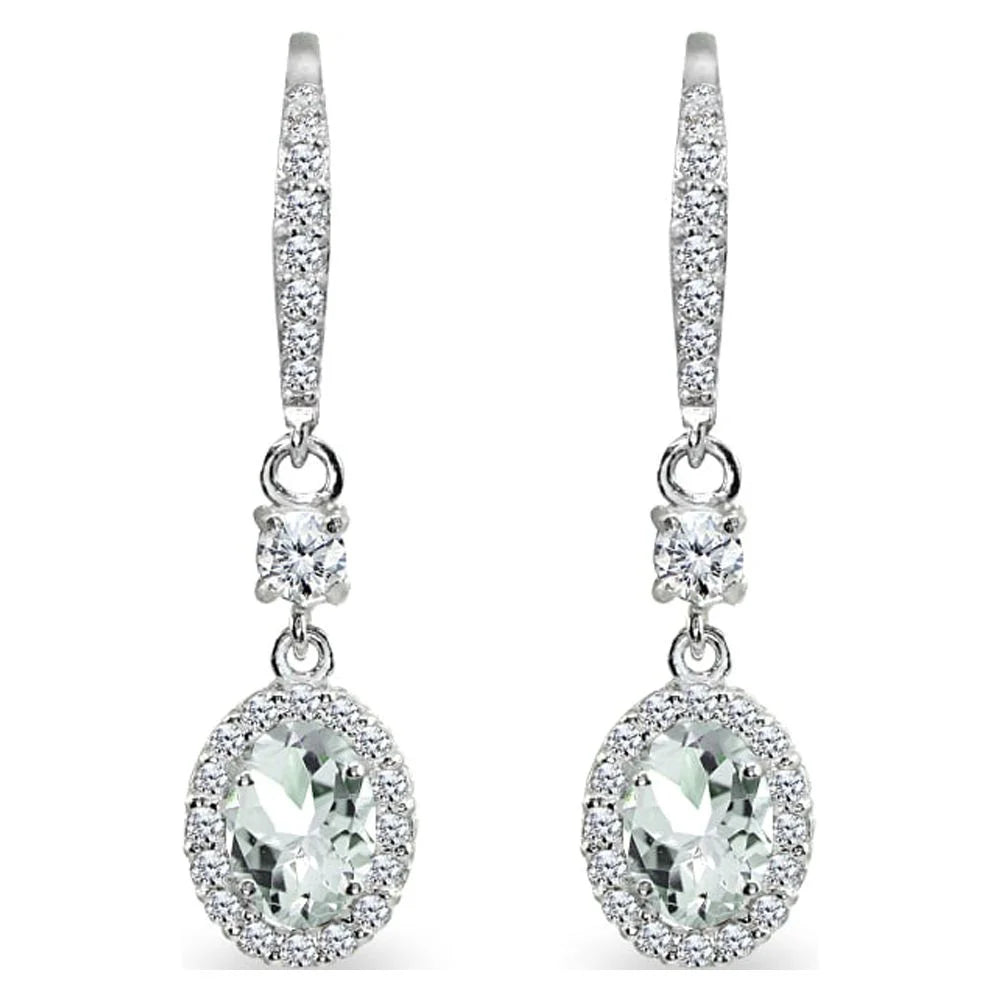 Light Aquamarine & CZ 7X5Mm Oval Halo Dangle Earrings in 925 Sterling Silver