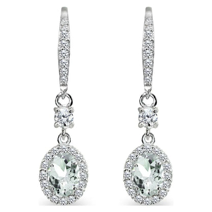 Light Aquamarine & CZ 7X5Mm Oval Halo Dangle Earrings in 925 Sterling Silver