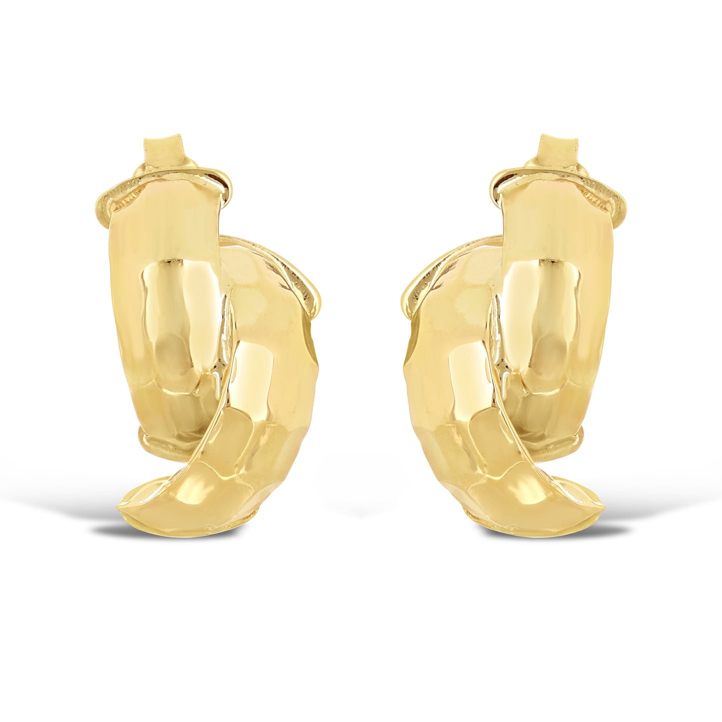 Italian 14K Yellow Gold Shiny Entwined Hammered Flat Quarter Hoop Stud Earrings