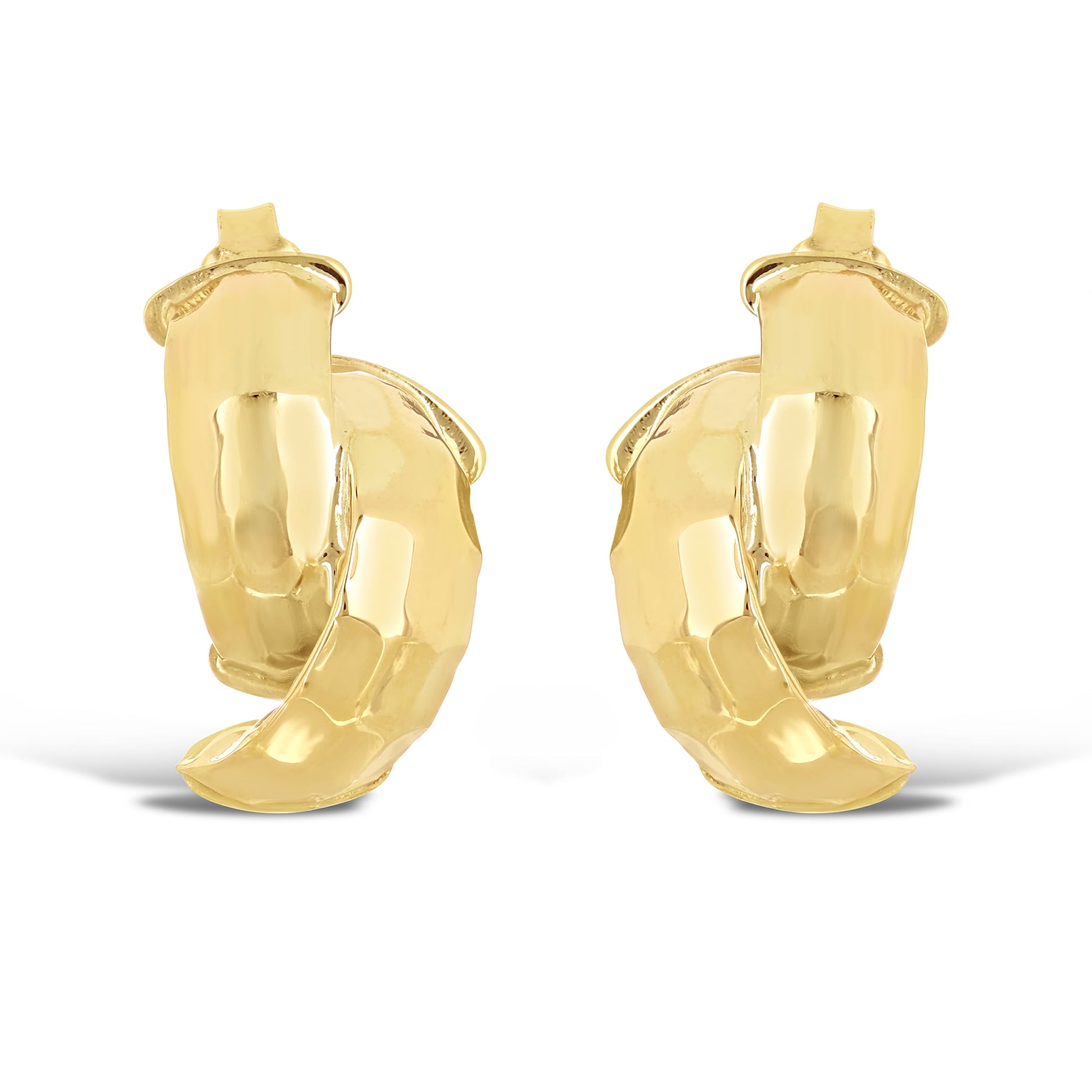 Italian 14K Yellow Gold Shiny Entwined Hammered Flat Quarter Hoop Stud Earrings