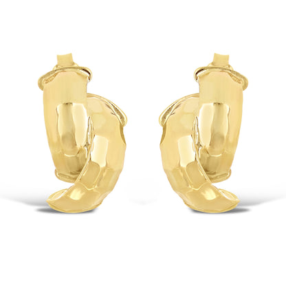 Italian 14K Yellow Gold Shiny Entwined Hammered Flat Quarter Hoop Stud Earrings