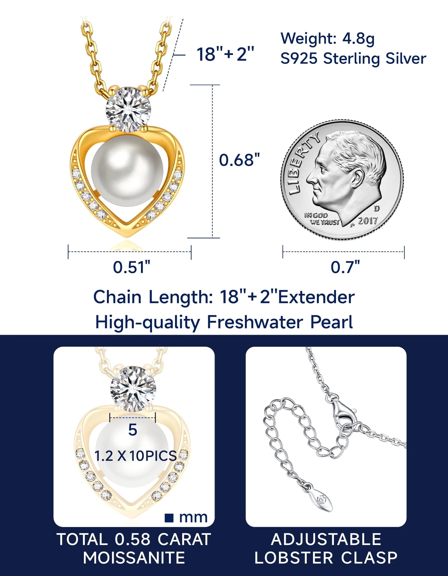 14K Gold Plated Silver Pearl Pendant Necklace,Round Cut Simulated Diamond Heart Necklace Anniversary Wedding Gift for Her