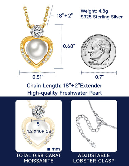 14K Gold Plated Silver Pearl Pendant Necklace,Round Cut Simulated Diamond Heart Necklace Anniversary Wedding Gift for Her