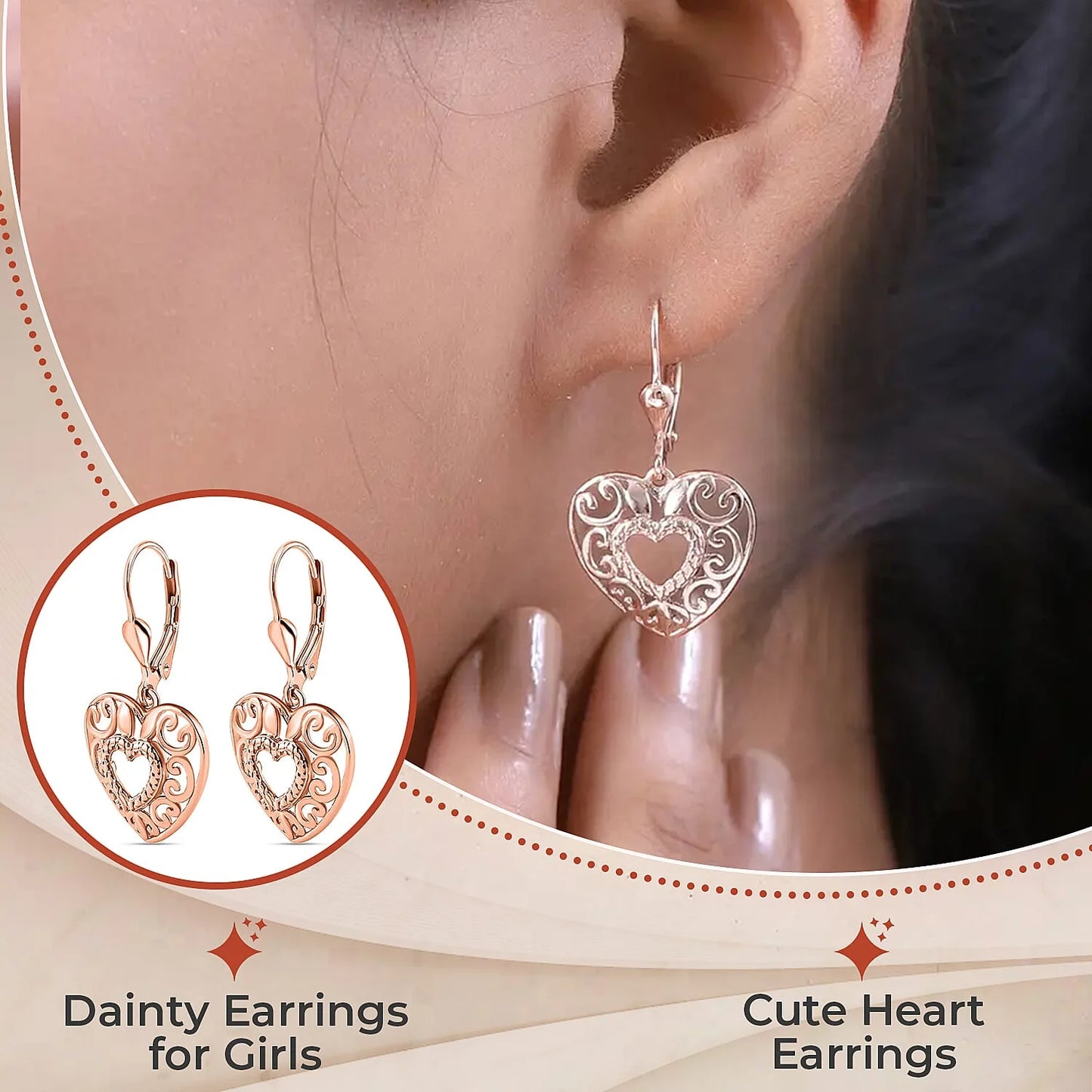14K Rose Gold Plated Heart Drop Earrings for Women 925 Sterling Silver Lever Back Filigree Jewelry Birthday Gifts for Women