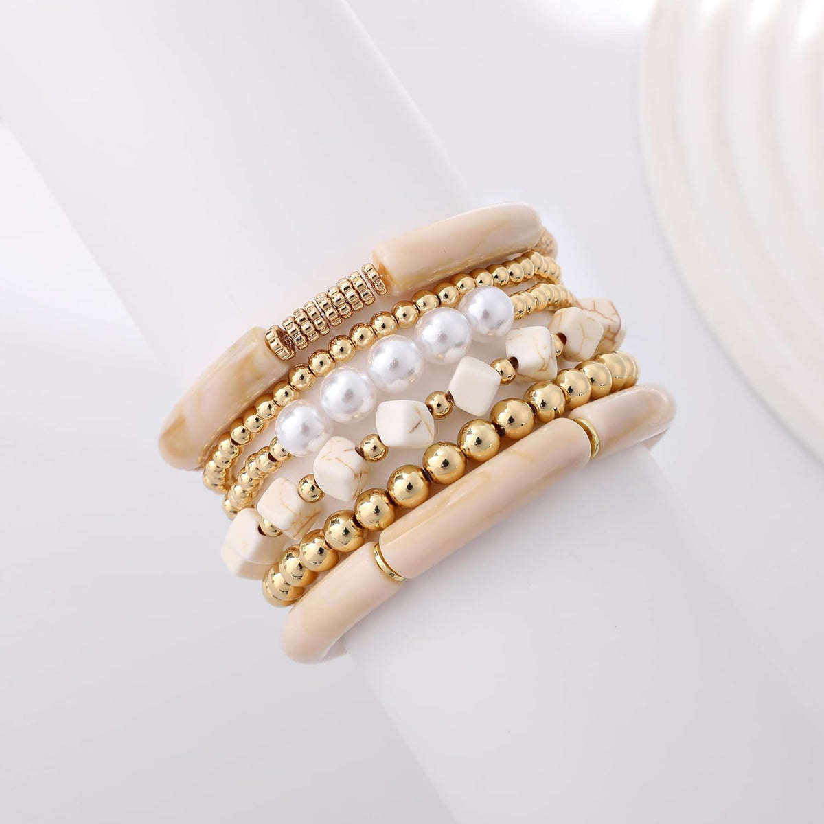Simple Beaded Gold Bangles Bracelet Chunky Bamboo Tube Curved Stacking Clear Acrylic Colorful Beads Stretchable Gold Bracelets Set for Women
