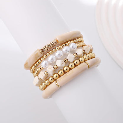 Simple Beaded Gold Bangles Bracelet Chunky Bamboo Tube Curved Stacking Clear Acrylic Colorful Beads Stretchable Gold Bracelets Set for Women