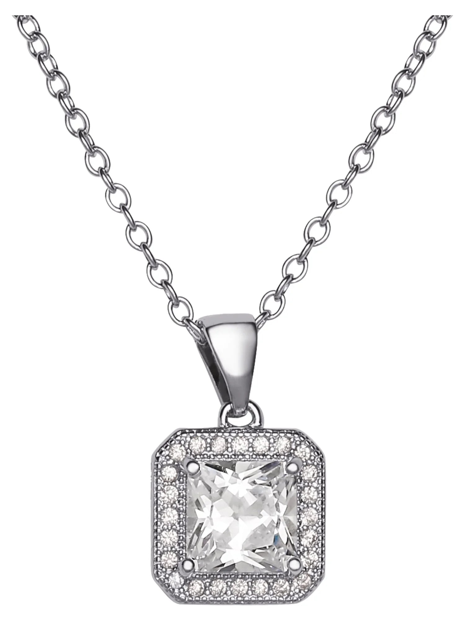 Women'S Square Cubic, Earrings and Pendant Set, Brass and Silver-Plated Chain