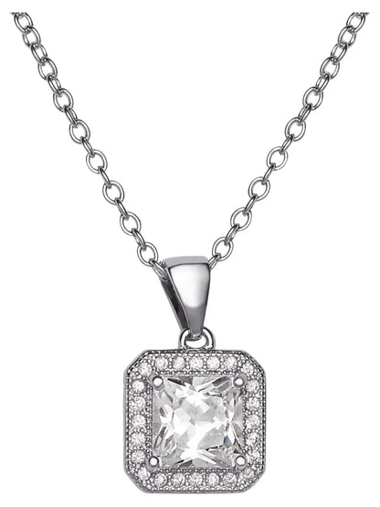 Women'S Square Cubic, Earrings and Pendant Set, Brass and Silver-Plated Chain
