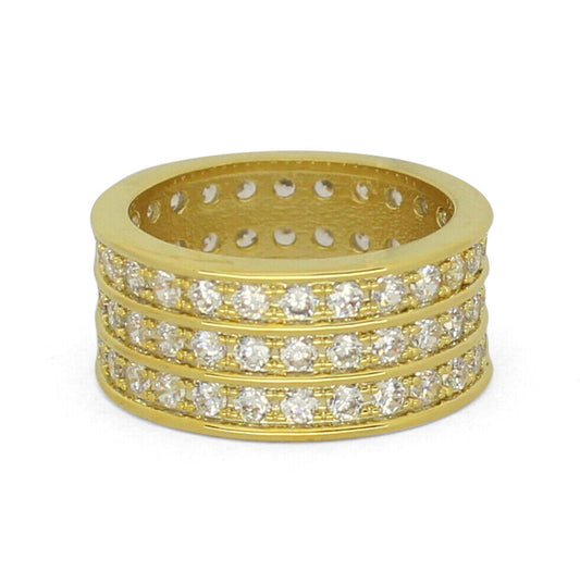 Mens 3 Row Engagement Band 14K Gold Plated Icy Cubic Zirconia Promise Ring