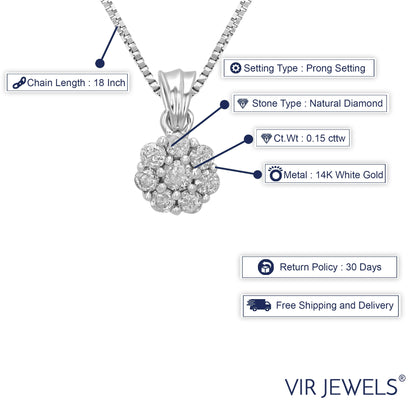 0.15 CTTW Diamond Pendant, Diamond Cluster Pendant Necklace for Women in 14K White Gold with 18 Inch Chain, Prong Setting for Female Adult