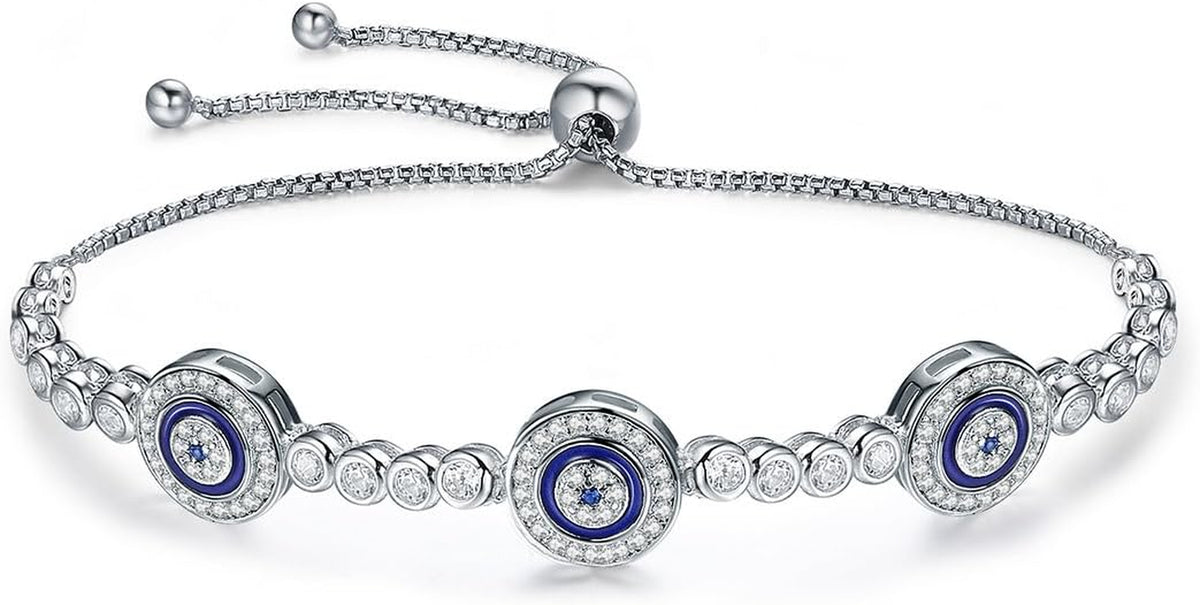 Women Evil Eye Protection Bracelets 925 Sterling Silver White Gold Plated Adjustable Bracelets