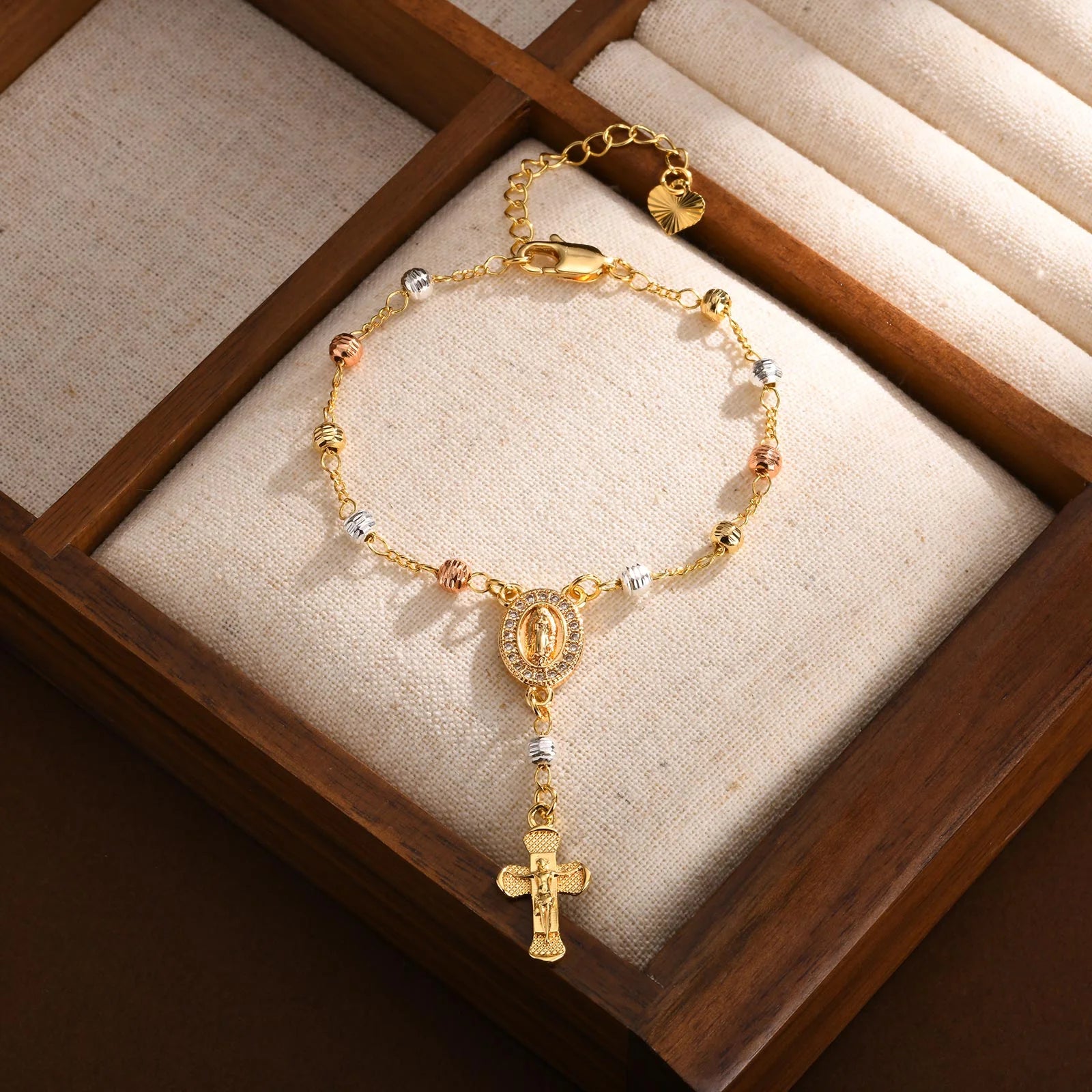 Virgin Mary Rosary Bracelet for Women, 14K Gold Plated Inspirational Jesus Cross Charm Virgen De Guadalupe Bracelet, Adjustable Christian Faith Bead Link Chain Bracelets Religious Jewelry Gifts