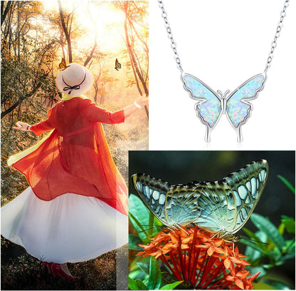 Opal Butterfly Necklace for Women 925 Sterling Silver Dainty Cute Butterfly Charm Jewelry Delicate Pendant Butterfly Necklace Birthday Christmas Gift for Wife Girlfriend Mom Teen