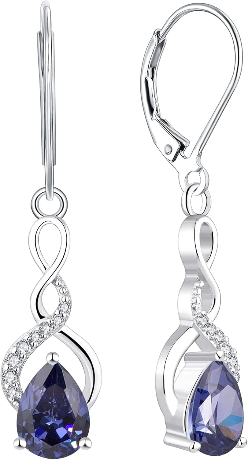 925 Sterling Silver Infinity Dangle Drop Earrings Pear Cut Birthstone Leverback Earrings for Women