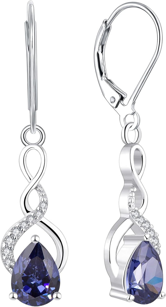 925 Sterling Silver Infinity Dangle Drop Earrings Pear Cut Birthstone Leverback Earrings for Women
