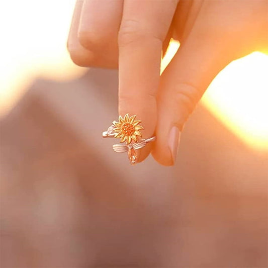 Daisy Flower Fidget Rings for Women Adjustable Open Finger Bands CZ Sunflower You Are My Sunshine Rings Spinner