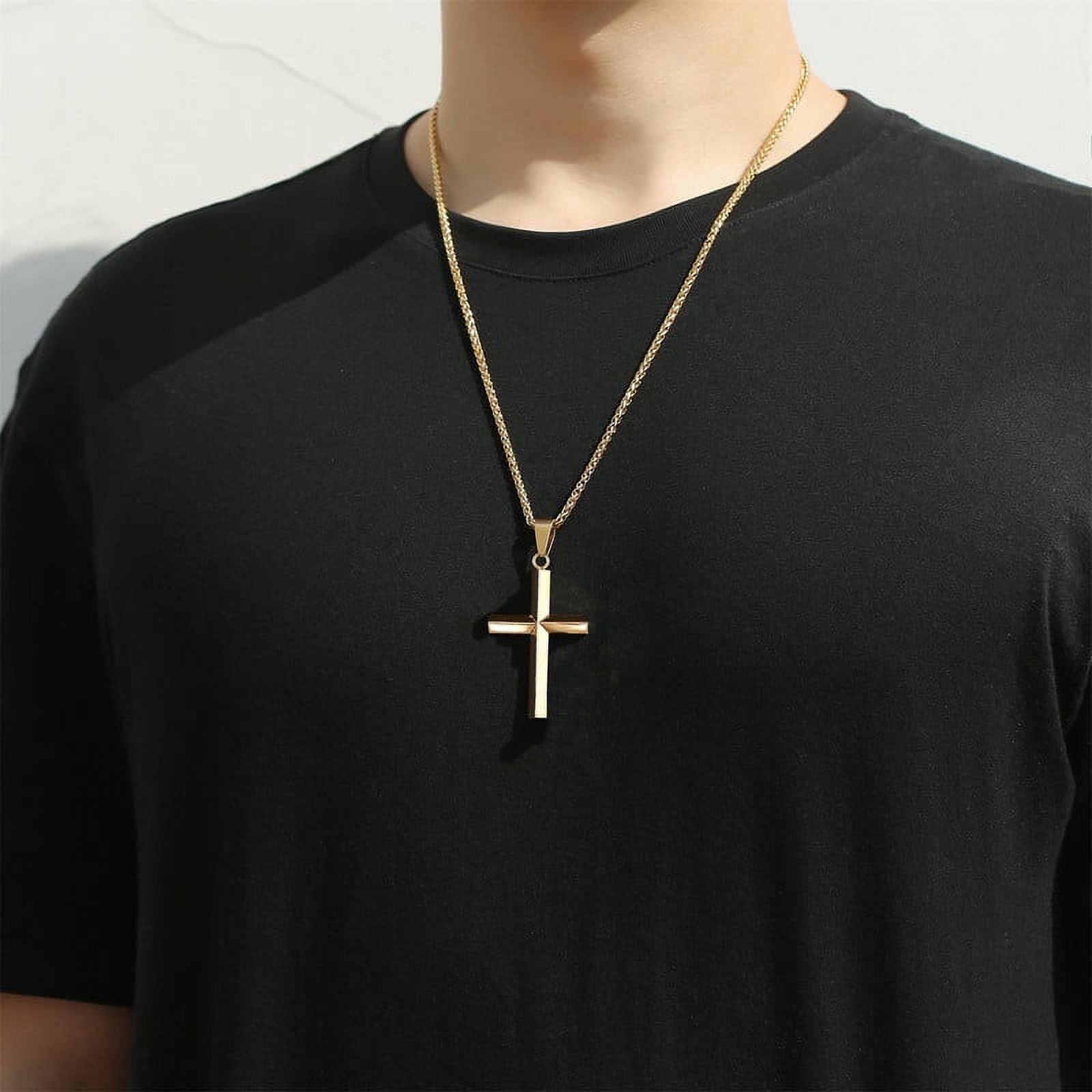 Beveled Edge Gold Cross Necklaces for Men Boys Stainless Steel Cross Pendant Chain Religious Christian Graduation Birthday Jewelry Gifts Ideas Dad Husband Son Teen Teenage Kids Age 24 Inch