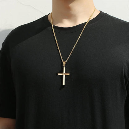 Beveled Edge Gold Cross Necklaces for Men Boys Stainless Steel Cross Pendant Chain Religious Christian Graduation Birthday Jewelry Gifts Ideas Dad Husband Son Teen Teenage Kids Age 24 Inch