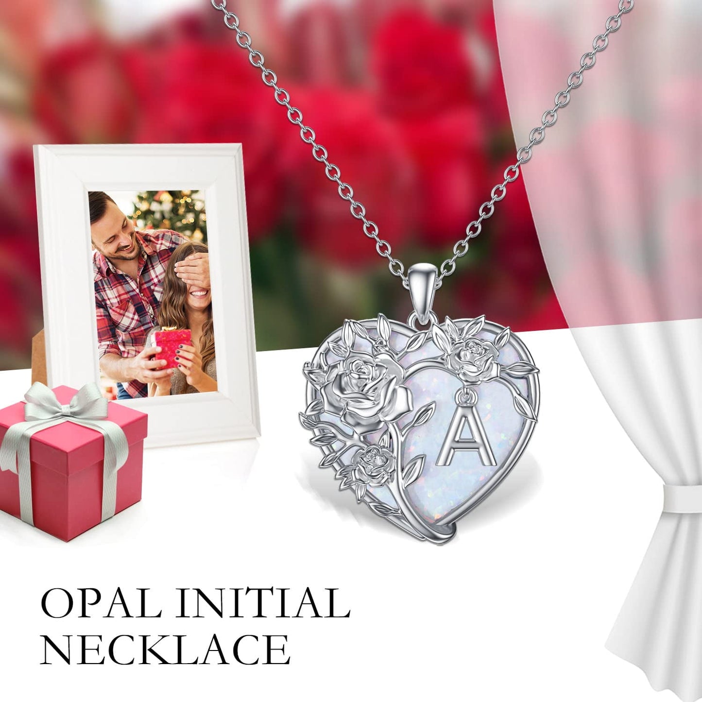 Anniversary Gifts for Women Sterling Silver Initial a Letter Pendant with Heart Opal Rose Necklaces Birthday Anniversary Jewelry Birthday Gifts