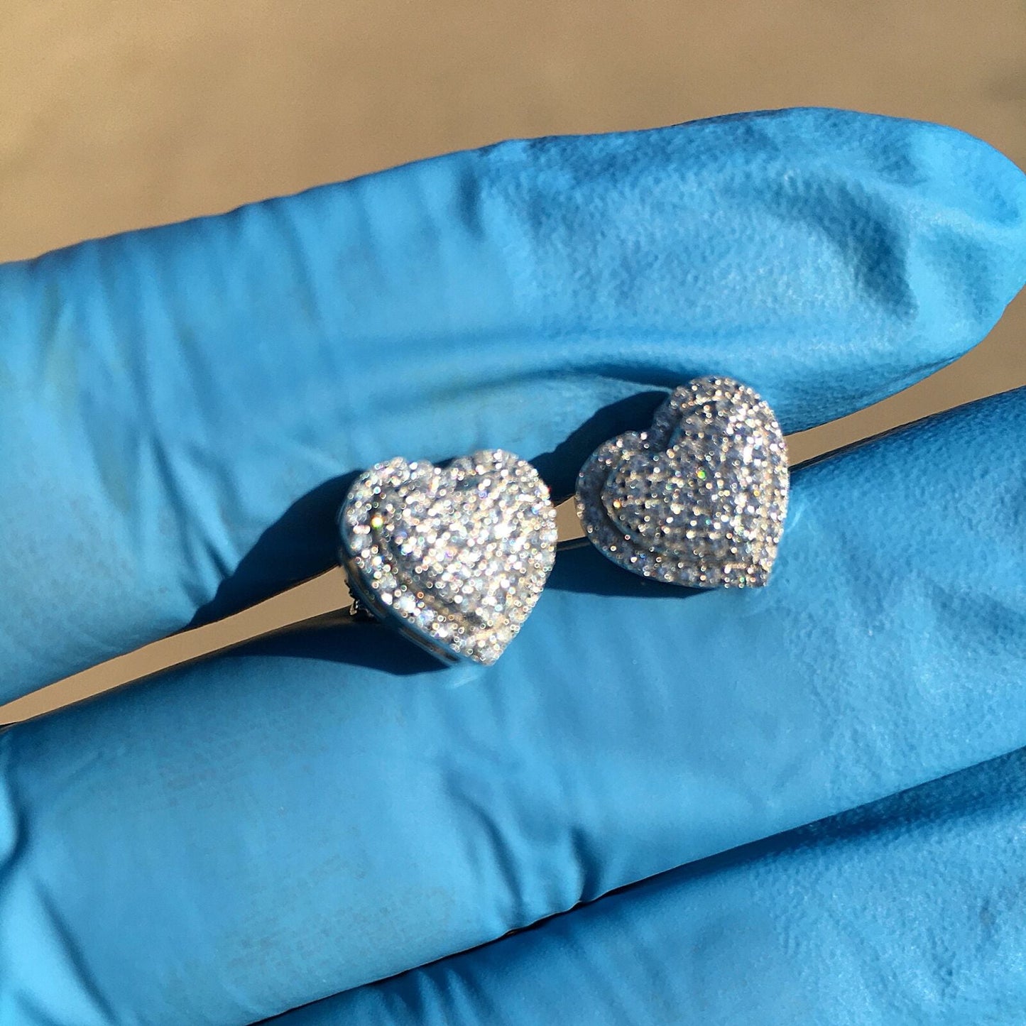 Real Solid Sterling Silver Hearts Iced Women'S Earrings Heart Shaped CZ Screw Back 925 Stamp Micro Pave