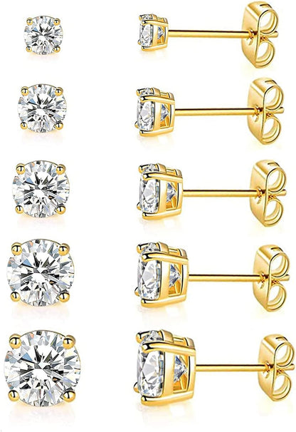 5 Pairs Stud Earrings Sets 3-7MM 18K Gold Plated Round/Cushion/Asscher/Emerald Cut Cubic Zirconia Earring Hypoallergenic Stud Earrings for Women Men