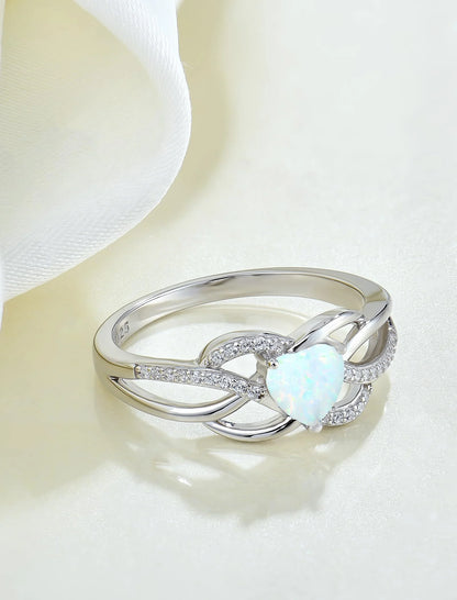 Celtic Knot Rings Infinity Twisted Rings, 925 Sterling Silver Heart Statement Rings White Opal Jewelry for Women Gift Size 5