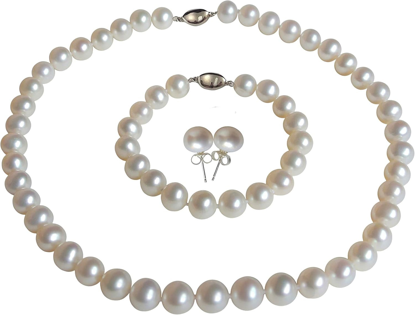 ROUND Real Pearl Necklace Set for Women Bracelet Stud Earrings Ivory Beige Cream White Pearl Jewelry Set Men Cultured Freshwater Wedding