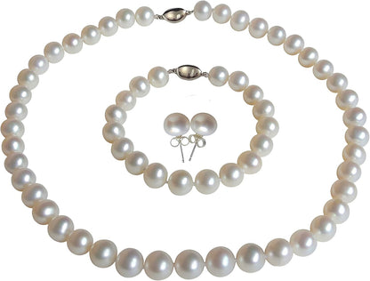 ROUND Real Pearl Necklace Set for Women Bracelet Stud Earrings Ivory Beige Cream White Pearl Jewelry Set Men Cultured Freshwater Wedding