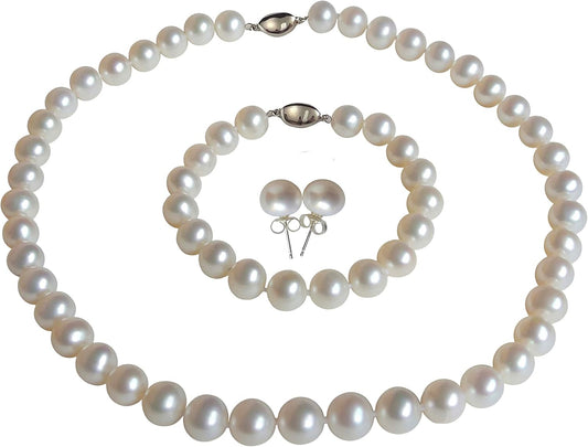 ROUND Real Pearl Necklace Set for Women Bracelet Stud Earrings Ivory Beige Cream White Pearl Jewelry Set Men Cultured Freshwater Wedding