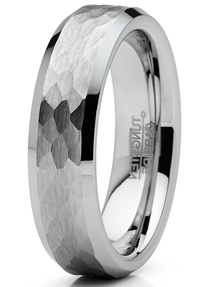 Mens Tungsten Ring Hammered Wedding Band Silvertone Comfort-Fit 6Mm