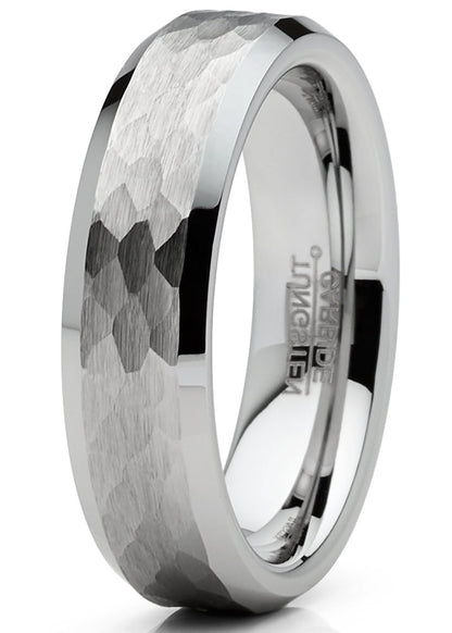 Mens Tungsten Ring Hammered Wedding Band Silvertone Comfort-Fit 6Mm
