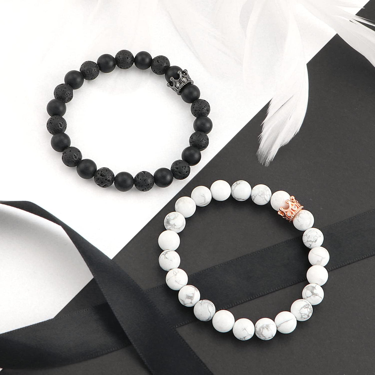 8Mm Natural Stone CZ Micro Pave Crown King Queen Beads His and Hers Couple Bracelet, 7.5" (Black&White-2)