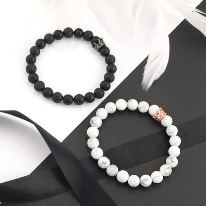 8Mm Natural Stone CZ Micro Pave Crown King Queen Beads His and Hers Couple Bracelet, 7.5" (Black&White-2)