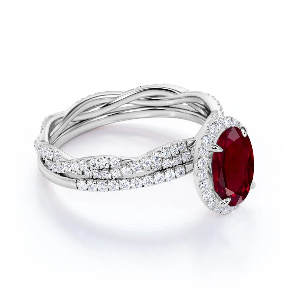 1.75 Carat Oval Burmese Lab Created Ruby Bridal Ring Set - July Birthstone Ring - 18K White Gold over Silver