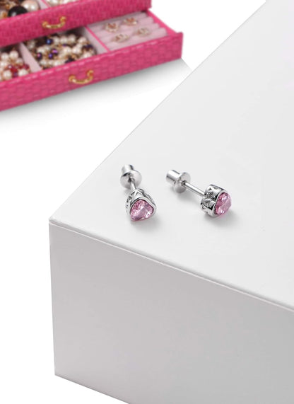 Earrings for Girls, Heart CZ Birthstone Hypoallergenic Earrings for Girls, Stud Screw on Safety Backs, Stainless Steel Ultra Sensitive Ears Post for Kids, Toddlers, Little Girls, Teens